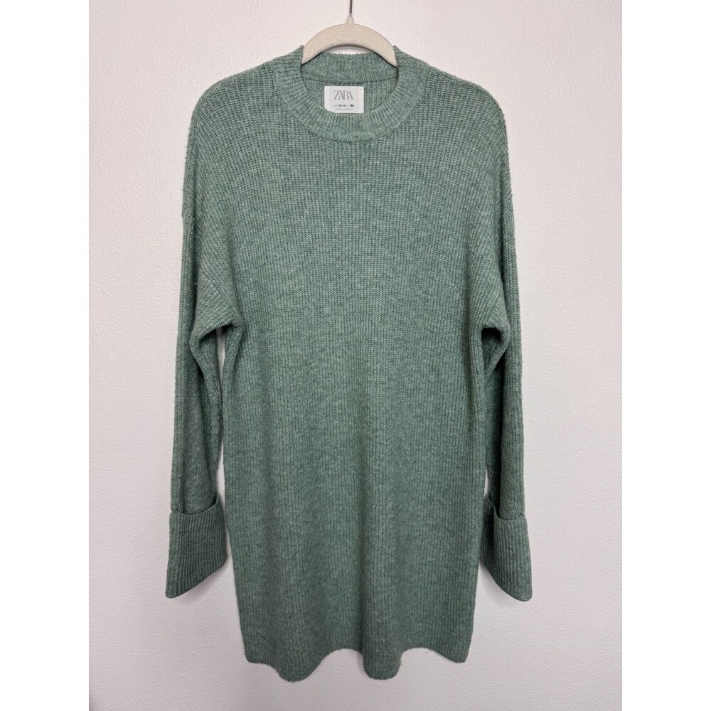 ZARA Girls Size 13-14 Knit Sweater Dress Mint Sage Green Wide Cuff Oversized